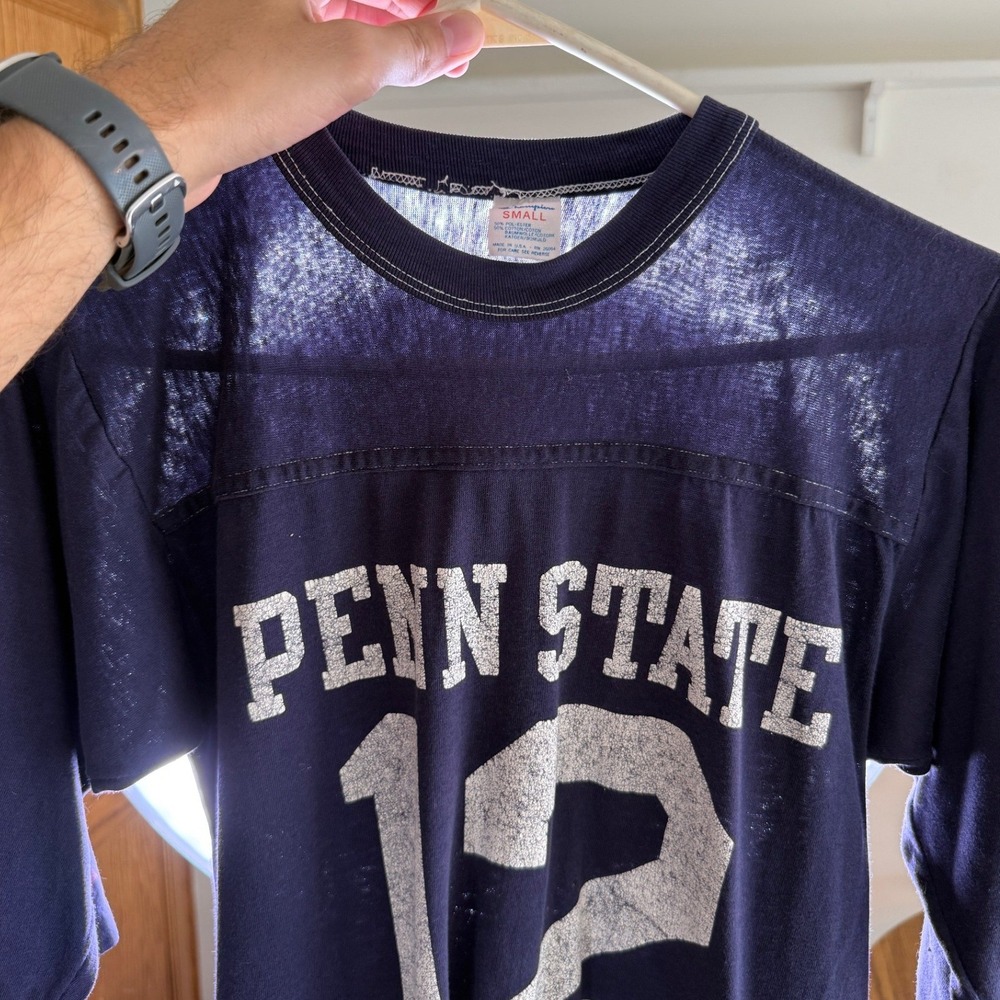 Vintage 80s Champion Penn State 12 Jersey T Shirt Paper Thin Navy Blue Small